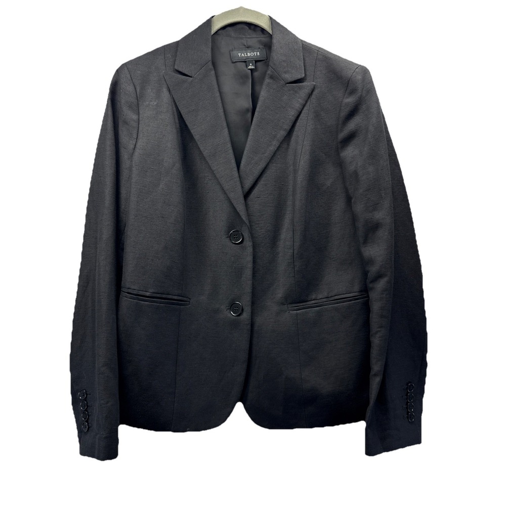 Talbots Women's Blazer Jacket Size 8 Solid Black Linen Blend Long Sleeve Pockets
